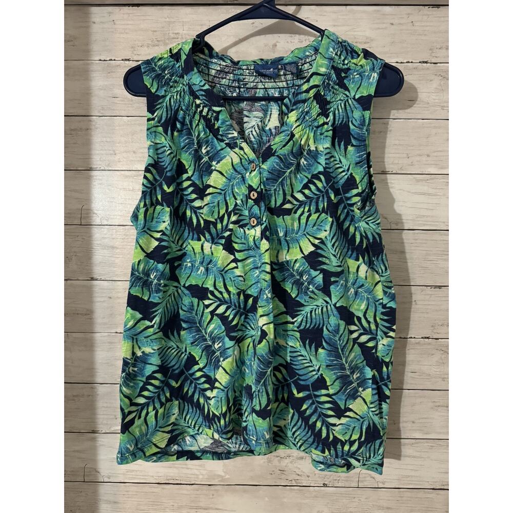 Caribbean Joe Women Large Tropical Floral Sleeveless Henley Top Navy Blue Green